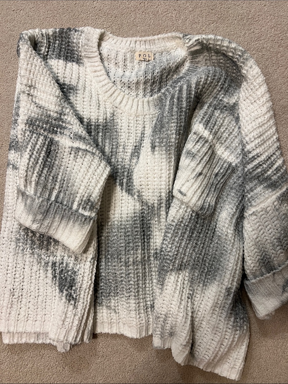 POL Cream and Gray Waffle-Knit Crew Sweater